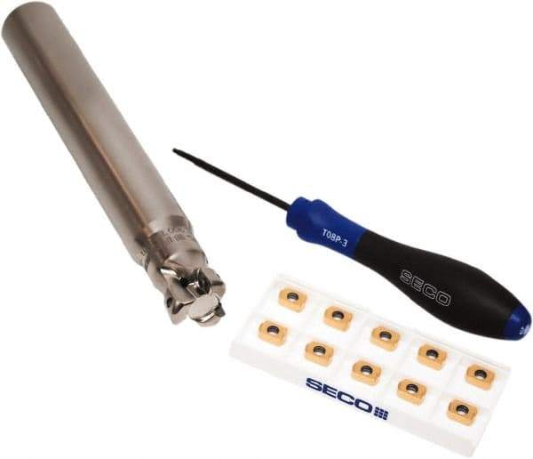 Seco - CVD Finish Micrograin Grade Carbide High Feed Milling Tip Insert Holder Kit - 1" Cut Diam, 1" Shank Diam, 7" OAL, 1" Cut Width, 0.035" Depth of Cut, 3 Flutes, Tool Steel Toolholder, Through Coolant, Series Master Mill - Apex Tool & Supply