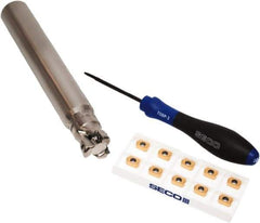 Seco - CVD Finish Micrograin Grade Carbide High Feed Milling Tip Insert Holder Kit - 1" Cut Diam, 1" Shank Diam, 7" OAL, 1" Cut Width, 0.035" Depth of Cut, 3 Flutes, Tool Steel Toolholder, Through Coolant, Series Master Mill - Apex Tool & Supply