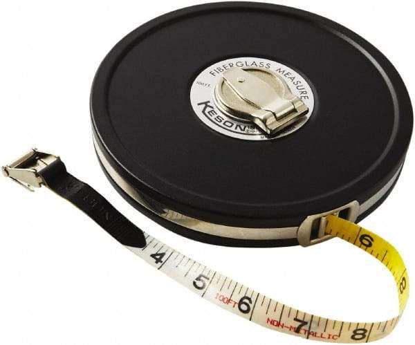 Keson - 100' x 1/2" Tape Measure - 1/8, 1/10 & 1/100" Graduation - Apex Tool & Supply