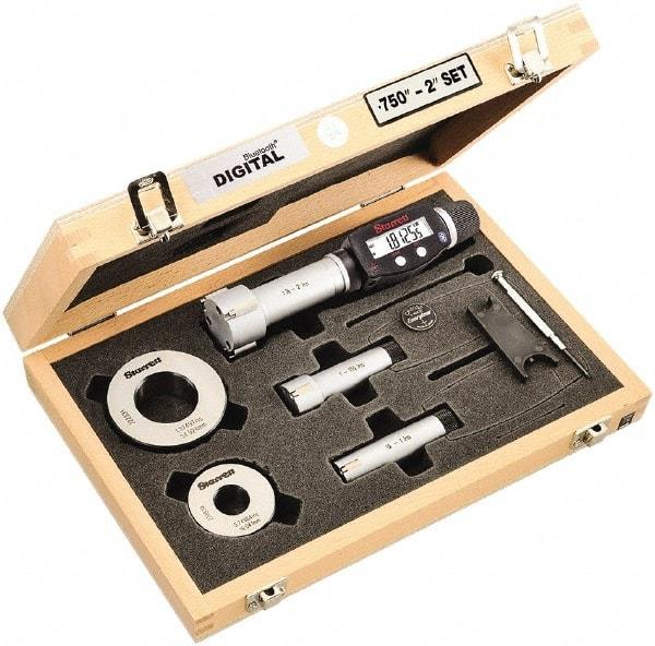 Starrett - 20 to 50mm, 80mm Gage Depth, 0.001mm Resolution, Friction Thimble, IP65 Electronic Inside Hole Micrometer Set - Accurate to 0.004mm, 1 Head, 3 Anvils, 2 Setting Rings, Data Output, Instant Inch/Millimeter Conversion - Apex Tool & Supply