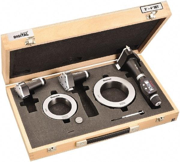 Starrett - 50 to 100mm, 100mm Gage Depth, 0.001mm Resolution, Friction Thimble, IP65 Electronic Inside Hole Micrometer Set - Accurate to 0.005mm, 1 Head, 3 Anvils, 2 Setting Rings, Data Output, Instant Inch/Millimeter Conversion - Apex Tool & Supply