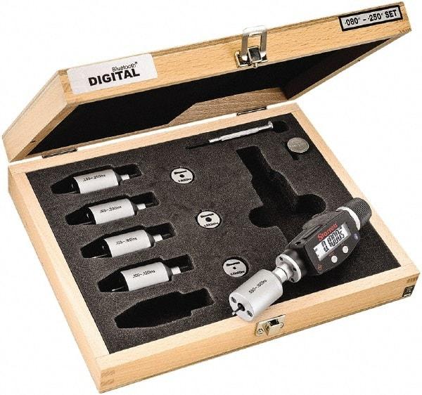 Starrett - 2 to 6mm, 18mm Gage Depth, 0.001mm Resolution, Friction Thimble, IP65 Electronic Inside Hole Micrometer Set - Accurate to 0.004mm, 1 Head, 5 Anvils, 3 Setting Rings, Data Output, Instant Inch/Millimeter Conversion - Apex Tool & Supply