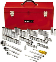 Proto - 101 Piece 1/4", 3/8" & 1/2" Drive Chrome Finish Deep Well Socket Set - 6, 8, 12 Points, 1/4" to 1" (4mm to 19mm) Range, Inch/Metric Measurement Standard - Apex Tool & Supply