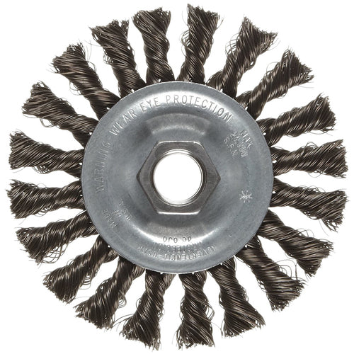 Vortec Pro 4″ Knot Wire Wheel, Standard Twist, .014″ Steel Fill, M10x1.25 Nut, Retail Pack - Apex Tool & Supply