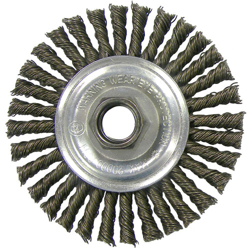 ‎Vortec Pro 4″ Knot Wire Wheel, Standard Twist, .014″, 1/2″-3/8″ Arbor Hole, Retail Pack - Apex Tool & Supply