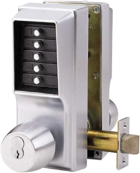 Kaba Access - 1-3/4 to 2-1/4" Door Thickness, Satin Chrome Pushbutton Knob Lockset - 2-3/4" Back Set, 1 Code, Zamak3, No Cylinder - Apex Tool & Supply