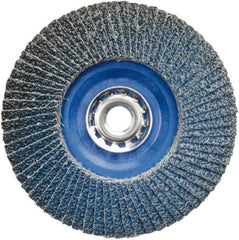 Norton - 80 Grit, 5" Disc Diam, 5/8-11 Center Hole, Type 27 Zirconia Alumina Flap Disc - 12,000 Max RPM, Plastic Backing, Arbor Attaching System, Coated - Apex Tool & Supply