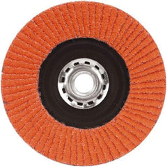Norton - 40 Grit, 5" Disc Diam, 5/8-11 Center Hole, Type 27 Ceramic Alumina Flap Disc - 12,000 Max RPM, Plastic Backing, Arbor Attaching System, Coated - Apex Tool & Supply