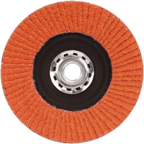 Norton - 120 Grit, 5" Disc Diam, 5/8-11 Center Hole, Type 27 Ceramic Alumina Flap Disc - 12,000 Max RPM, Plastic Backing, Arbor Attaching System, Coated - Apex Tool & Supply