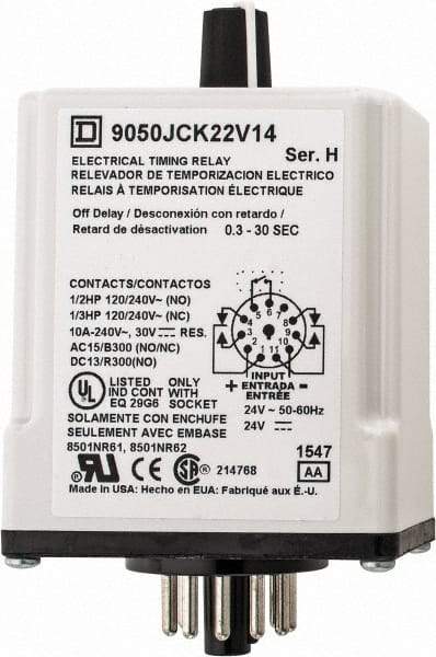 Square D - DPDT Time Delay Relay - 10 Contact Amp, 24 VAC/VDC - Apex Tool & Supply