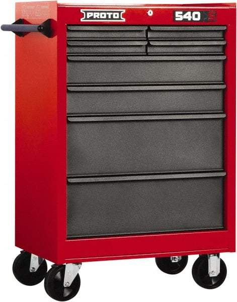 Proto - 8 Drawer Steel Tool Roller Cabinet - 27" Wide x 42" High x 18" Deep, Ball Bearing Drawer Slides, Safety Red/Gray - Apex Tool & Supply