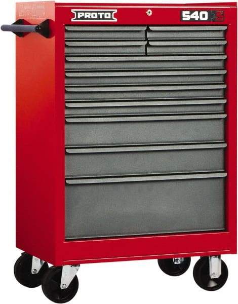 Proto - 11 Drawer Steel Tool Roller Cabinet - 27" Wide x 42" High x 18" Deep, Ball Bearing Drawer Slides, Safety Red/Gray - Apex Tool & Supply