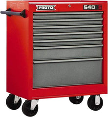 Proto - 7 Drawer Steel Tool Roller Cabinet - 27" Wide x 35" High x 18" Deep, Ball Bearing Drawer Slides, Safety Red/Gray - Apex Tool & Supply