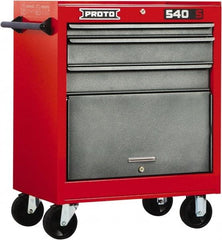 Proto - 3 Drawer Steel Tool Roller Cabinet - 27" Wide x 35" High x 18" Deep, Ball Bearing Drawer Slides, Safety Red/Gray - Apex Tool & Supply
