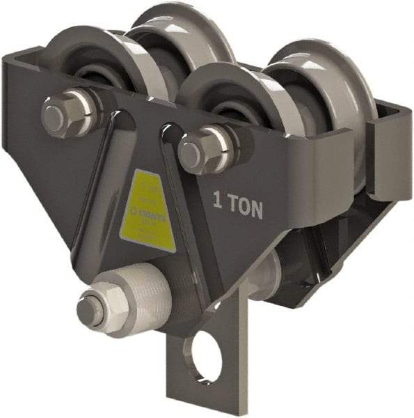 CIGNYS - 1 Ton Capacity Plain Adjustable Trolley - 3" to 5-1/4" Flange Width, 4" Wheel Diam, 5" to 12" I-Beam, 36" Min Radius - Apex Tool & Supply