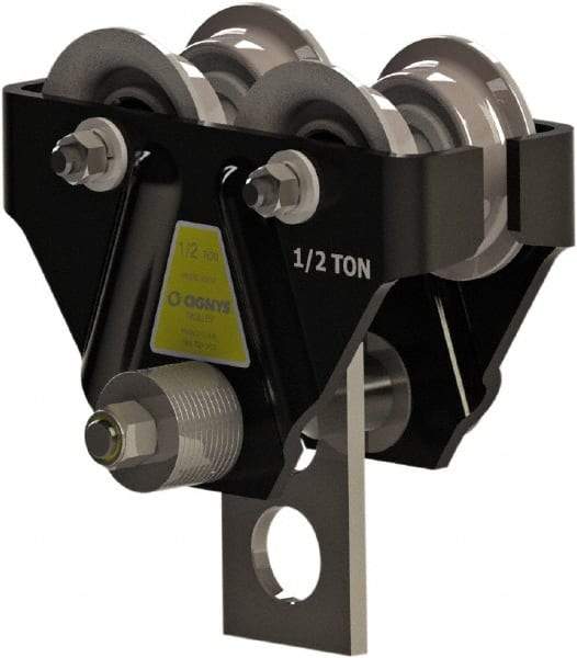 CIGNYS - 0.5 Ton Capacity Plain Adjustable Trolley - 2-21/32" to 4-21/32" Flange Width, 3-1/8" Wheel Diam, 4" to 10" I-Beam, 24" Min Radius - Apex Tool & Supply