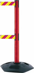 Tensator - 38" High, 2-1/2" Pole Diam, 4 Way Stanchion - 19" Base Diam, Octagon Recycled Rubber Base, Red Plastic Post, 7-1/2' x 2" Tape, Dual Line Tape, For Outdoor Use - Apex Tool & Supply