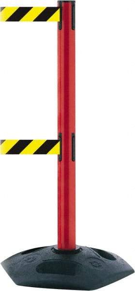 Tensator - 38" High, 2-1/2" Pole Diam, 4 Way Stanchion - 19" Base Diam, Octagon Recycled Rubber Base, Red Plastic Post, 7-1/2' x 2" Tape, Dual Line Tape, For Outdoor Use - Apex Tool & Supply