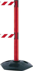 Tensator - 38" High, 2-1/2" Pole Diam, 4 Way Stanchion - 19" Base Diam, Octagon Recycled Rubber Base, Red Plastic Post, 7-1/2' x 2" Tape, Dual Line Tape, For Outdoor Use - Apex Tool & Supply