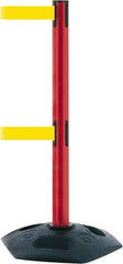 Tensator - 38" High, 2-1/2" Pole Diam, 4 Way Stanchion - 19" Base Diam, Octagon Recycled Rubber Base, Red Plastic Post, 7-1/2' x 2" Tape, Dual Line Tape, For Outdoor Use - Apex Tool & Supply