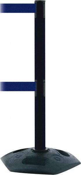 Tensator - 38" High, 2-1/2" Pole Diam, 4 Way Stanchion - 19" Base Diam, Octagon Recycled Rubber Base, Black Plastic Post, 7-1/2' x 2" Tape, Dual Line Tape, For Outdoor Use - Apex Tool & Supply