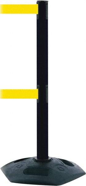 Tensator - 38" High, 2-1/2" Pole Diam, 4 Way Stanchion - 19" Base Diam, Octagon Recycled Rubber Base, Black Plastic Post, 7-1/2' x 2" Tape, Dual Line Tape, For Outdoor Use - Apex Tool & Supply