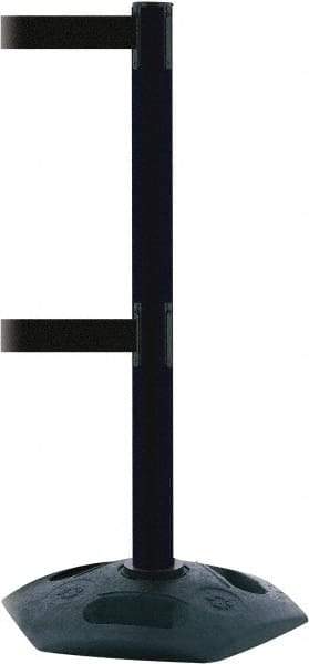 Tensator - 38" High, 2-1/2" Pole Diam, 4 Way Stanchion - 19" Base Diam, Octagon Recycled Rubber Base, Black Plastic Post, 7-1/2' x 2" Tape, Dual Line Tape, For Outdoor Use - Apex Tool & Supply