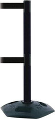 Tensator - 38" High, 2-1/2" Pole Diam, 4 Way Stanchion - 19" Base Diam, Octagon Recycled Rubber Base, Black Plastic Post, 7-1/2' x 2" Tape, Dual Line Tape, For Outdoor Use - Apex Tool & Supply