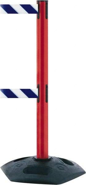 Tensator - 38" High, 2-1/2" Pole Diam, 4 Way Stanchion - 19" Base Diam, Octagon Recycled Rubber Base, Red Plastic Post, 13' x 2" Tape, Dual Line Tape, For Outdoor Use - Apex Tool & Supply