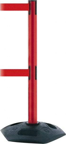 Tensator - 38" High, 2-1/2" Pole Diam, 4 Way Stanchion - 19" Base Diam, Octagon Recycled Rubber Base, Red Plastic Post, 13' x 2" Tape, Dual Line Tape, For Outdoor Use - Apex Tool & Supply