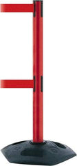 Tensator - 38" High, 2-1/2" Pole Diam, 4 Way Stanchion - 19" Base Diam, Octagon Recycled Rubber Base, Red Plastic Post, 13' x 2" Tape, Dual Line Tape, For Outdoor Use - Apex Tool & Supply