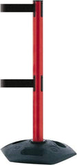 Tensator - 38" High, 2-1/2" Pole Diam, 4 Way Stanchion - 19" Base Diam, Octagon Recycled Rubber Base, Red Plastic Post, 13' x 2" Tape, Dual Line Tape, For Outdoor Use - Apex Tool & Supply