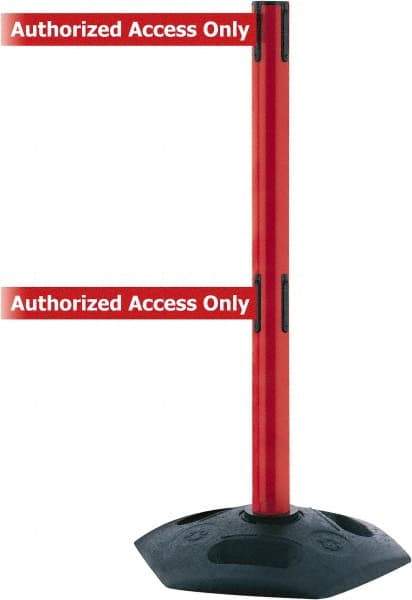 Tensator - 38" High, 2-1/2" Pole Diam, 4 Way Stanchion - 19" Base Diam, Octagon Recycled Rubber Base, Red Plastic Post, 7-1/2' x 2" Tape, Dual Line Tape, For Outdoor Use - Apex Tool & Supply