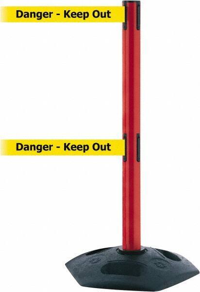 Tensator - 38" High, 2-1/2" Pole Diam, 4 Way Stanchion - 19" Base Diam, Octagon Recycled Rubber Base, Red Plastic Post, 7-1/2' x 2" Tape, Dual Line Tape, For Outdoor Use - Apex Tool & Supply