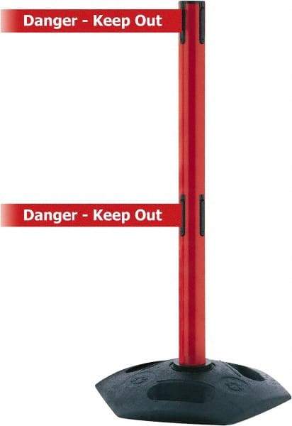 Tensator - 38" High, 2-1/2" Pole Diam, 4 Way Stanchion - 19" Base Diam, Octagon Recycled Rubber Base, Red Plastic Post, 7-1/2' x 2" Tape, Dual Line Tape, For Outdoor Use - Apex Tool & Supply