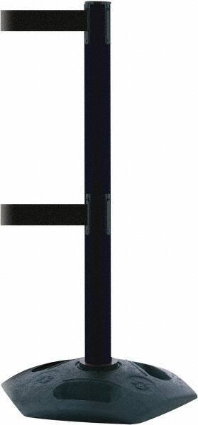 Tensator - 38" High, 2-1/2" Pole Diam, 4 Way Stanchion - 19" Base Diam, Octagon Recycled Rubber Base, Black Plastic Post, 13' x 2" Tape, Dual Line Tape, For Outdoor Use - Apex Tool & Supply