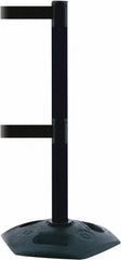Tensator - 38" High, 2-1/2" Pole Diam, 4 Way Stanchion - 19" Base Diam, Octagon Recycled Rubber Base, Black Plastic Post, 13' x 2" Tape, Dual Line Tape, For Outdoor Use - Apex Tool & Supply