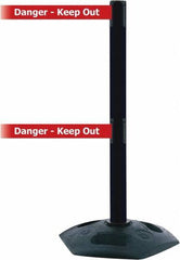 Tensator - 38" High, 2-1/2" Pole Diam, 4 Way Stanchion - 19" Base Diam, Octagon Recycled Rubber Base, Black Plastic Post, 13' x 2" Tape, Dual Line Tape, For Outdoor Use - Apex Tool & Supply
