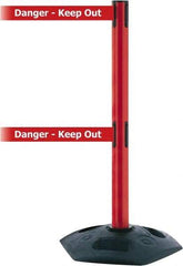 Tensator - 38" High, 2-1/2" Pole Diam, 4 Way Stanchion - 19" Base Diam, Octagon Recycled Rubber Base, Red Plastic Post, 13' x 2" Tape, Dual Line Tape, For Outdoor Use - Apex Tool & Supply