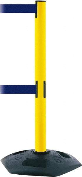 Tensator - 38" High, 2-1/2" Pole Diam, 4 Way Stanchion - 19" Base Diam, Octagon Recycled Rubber Base, Yellow Plastic Post, 13' x 2" Tape, Dual Line Tape, For Outdoor Use - Apex Tool & Supply