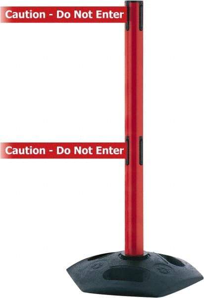 Tensator - 38" High, 2-1/2" Pole Diam, 4 Way Stanchion - 19" Base Diam, Octagon Recycled Rubber Base, Red Plastic Post, 13' x 2" Tape, Dual Line Tape, For Outdoor Use - Apex Tool & Supply