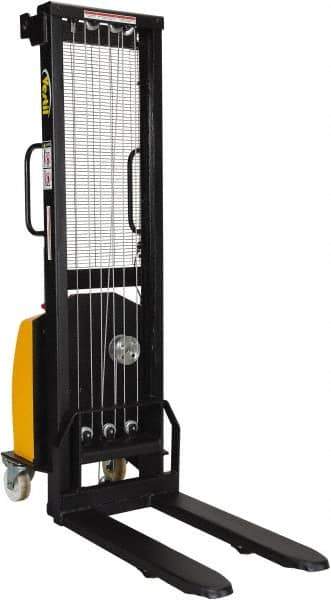 Vestil - 770 Lb Capacity, 59" Lift Height, Battery Powered Stacker - 3-3/8" Lowered Height, 30" Fork Length, 26-3/4" Overall Width - Apex Tool & Supply