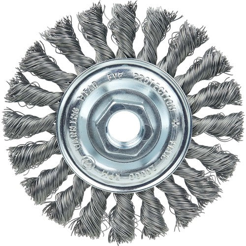 Vortec Pro 4″ Knot Wire Wheel, Standard Twist, .014″ , 5/8″-11 UNC Nut, Steel Wire - Apex Tool & Supply