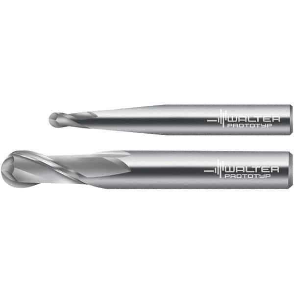 Walter-Prototyp - 10mm Diam, 19mm LOC, 2 Flute Solid Carbide Ball End Mill - Uncoated, Single End, 72mm OAL, 10mm Shank Diam, Spiral Flute - Apex Tool & Supply