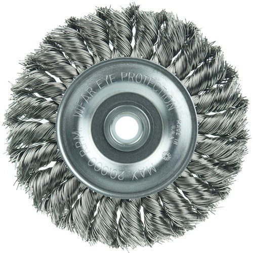 Vortec Pro 4″ Knot Wire Wheel, Standard Twist, .014″ Steel Fill, 1/2″-3/8″ Arbor Hole - Apex Tool & Supply