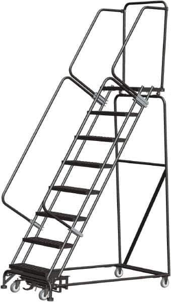 Ballymore - 113" 8 Step Rolling Warehouse Ladder - Lock Step Rolling Safety Ladder, 450 Lb Capacity, 80" Platform Height, 32" Base Width x 61" Base Depth, Perforated Tread - Apex Tool & Supply