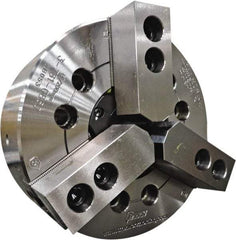 TMX - 3 Jaws, 15" Chuck Diam, A2-11 Mount, 4.6457" Through Hole, Drawtube, Hydraulic Power Lathe Chuck - 1.1811" to 15" Jaw Capacity, 2,500 RPM - Apex Tool & Supply