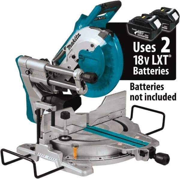Makita - 36 Amp, 18 Volt, 4,400 RPM, 60° Double Bevel Sliding Miter Saw - 5/8" Arbor, 10" Blade Diam, Includes Vertical Vise, Dust Bag, Triangular Rule, Hex Wrench & 10" x 5/8" 40T Micro-Polished Miter Saw Blade - Apex Tool & Supply