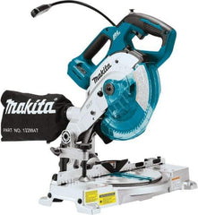 Makita - 36 Amp, 18 Volt, 5,000 RPM, 52° Double Bevel Miter Saw - 5/8" Arbor, 6-1/2" Blade Diam, Includes Triangular Rule, Vertical Vise, Dust Bag, (1) 6-1/2" x 5/8" 64T Micro-Polished Miter Saw Blade & Hex Wrench - Apex Tool & Supply