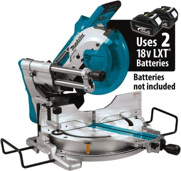 Makita - 36 Amp, 18 Volt, 4,400 RPM, 60° Double Bevel Sliding Miter Saw - 5/8" Arbor, 10" Blade Diam, Includes Vertical Vise, Triangular Rule, Dust Bag, Hex Wrench, 10" x 5/8" 40T Micro-Polished Miter Saw Blade & Wireless Unit - Apex Tool & Supply